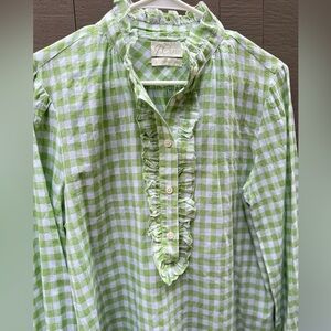 J. Crew Gingham Ruffle prairie blouse. Spring green and white. Size 10.